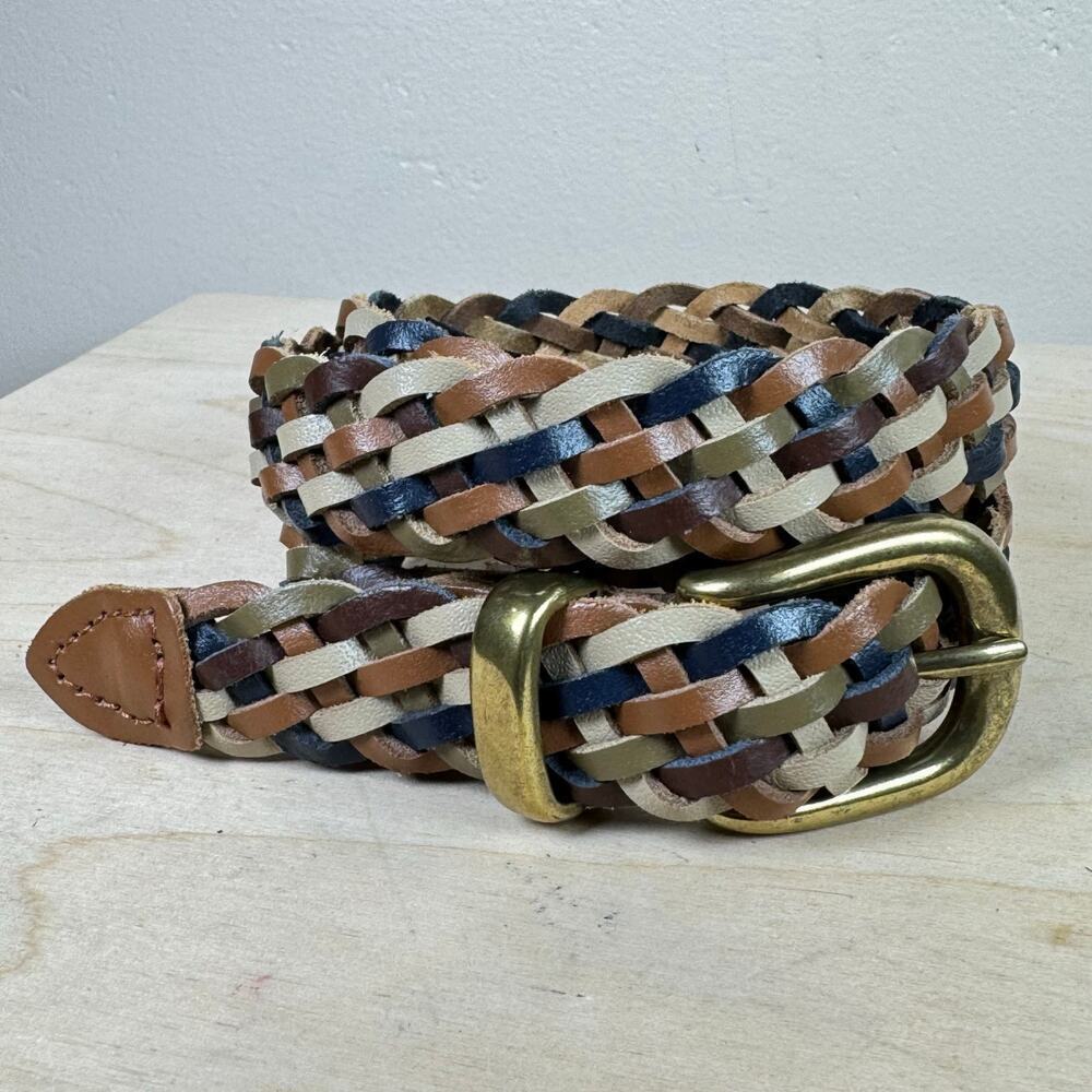 Multicolor Woven Braided Womens Leather Belt Solid Brass Hardware Bohemian XL
